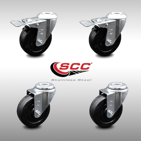 4 Inch SS Soft Rubber Swivel Bolt Hole Caster Set With 2 Total Lock Brake SCC